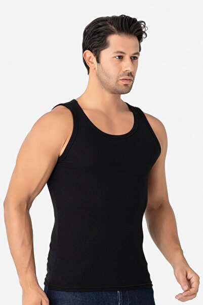 Arma Yıldız Men's Black Ribbed Undershirt Cotton Lycra Camisole Halter Neck Slim Fit Undershirt