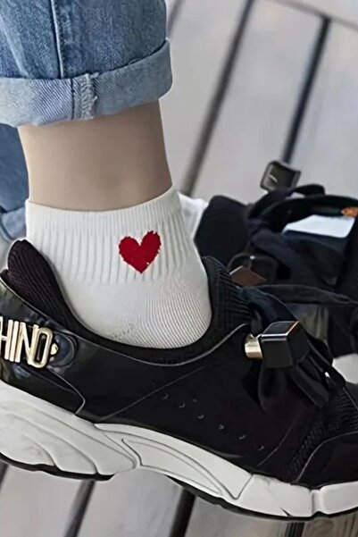 Hitit Socks Дамски 8 чифта памучни къси чорапи с сърцевиден мотив за ежедневна употреба, бели