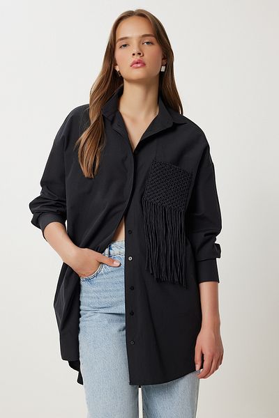 Lovelyİstanbul Tasseled Oversize Woven Shirt Lfg0067 Black