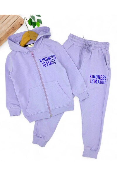 Ege Bebek Girls' Seasonal Tracksuit Set with Zippered Hooded Jacket and Tracksuit Bottoms for 2-3-4-5-6 Years Old