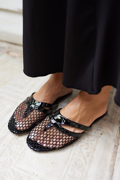 ANGELİNA JONES Stars Women's Black Real Leather Mesh Detail Hidden Toe Slippers