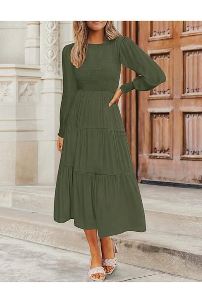 ZESICA Women's Casual Long Sleeve Smocked High Waist Tiered Midi Dress