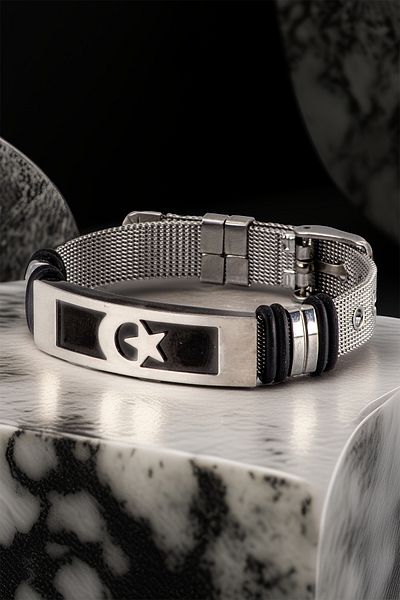 OSMANLI GÜMÜŞ Moon Star Turkish Flag Straw Model Men's Steel Bracelet