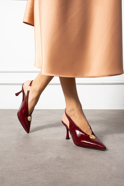 Güllü Shoes Burgundy Patent Leather Button Detailed Slingback Thin Heeled Women's Stiletto – Stylish and Elegant Evening Dress Shoes