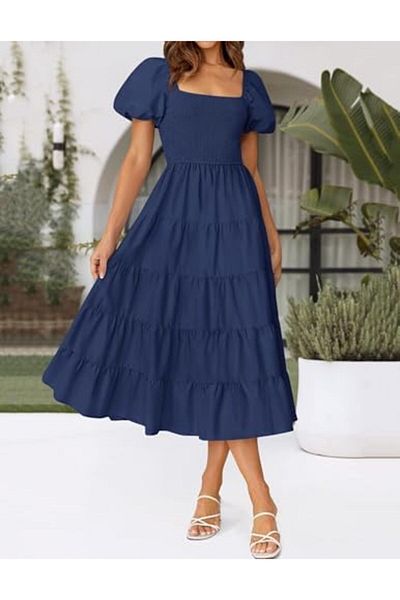 ZESICA Women's 2024 Summer Square Neck Short Puff Sleeve Solid Color High Waist Casual Smocked Flowy