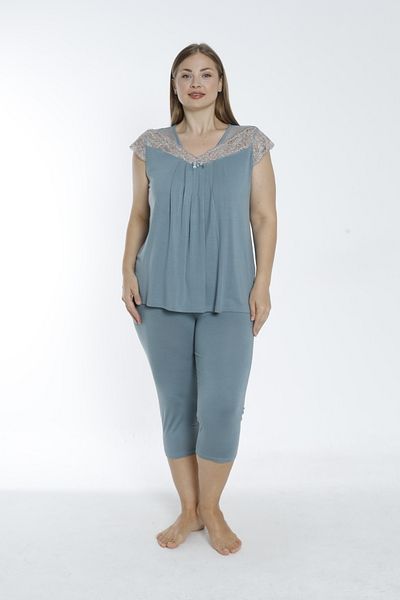 Cotpark Women's Plus Size Viscose Elastane Fabric Short Sleeve Capri Suit 14531-B