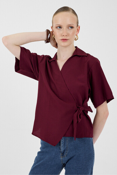 Rays Burgundy Short Sleeve Side Tie Detailed Blouse 8095A