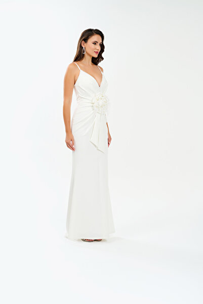 BDM Exclusive Çiçek Aplikeli Askılı Uzun Abiye Elbise