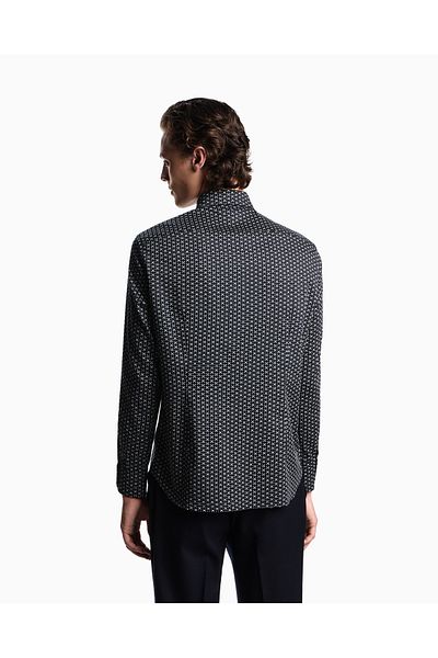 Emporio Armani Men's Stretch Cotton All Armani Eagle Logo Printed Regular Fit Long Sleeve Navy Blue Shirt Em0015