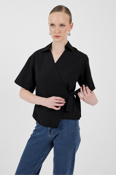 Rays Black Short Sleeve Side Tie Detailed Blouse 8095A