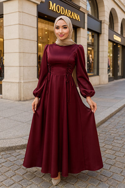 Modarana Belden Bağlamalı Balon Kol Saten Tesettür Abiye