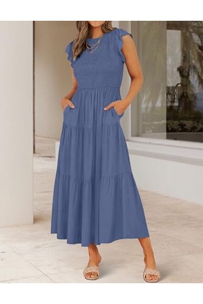 ZESICA Women's 2023 Summer Casual Flutter Short Sleeve Crew Neck Smocked Elastic Waist Tiered Midi Dress