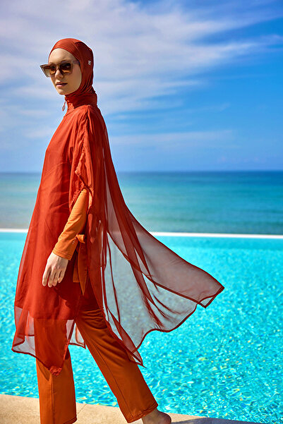 Marina Koyu Turuncu Şifon Kimono – Plaj ve Havuz Üzeri Tam Boy Tesettür Pareo P2516-2