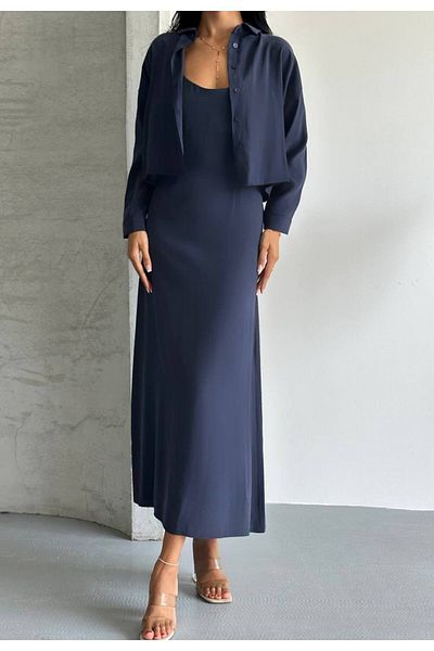 vesantia Women's Navy Blue Premium Modal Fabric Shirt Long Dress Suit