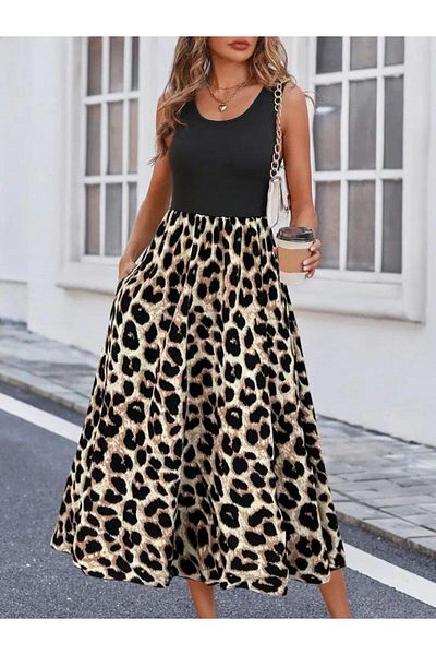 modamtn Women's Strappy Round Neck Top Viscose Bottom Leopard Patterned Single Jersey Long Dress