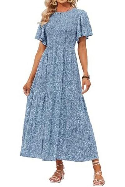 ZESICA Women's 2023 Summer Casual Floral Print Short Flutter Sleeve Crew Neck Smocked High Waist Flo
