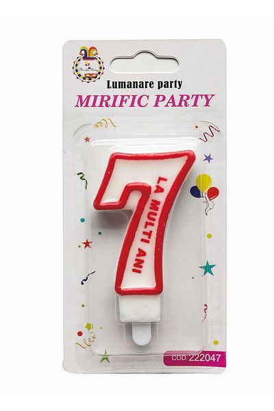 SDX Market Cake candle, number 7, white with red border