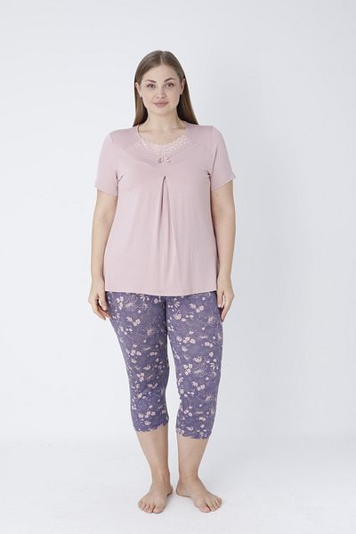 Cotpark Women's Plus Size Viscose Elastane Fabric Short Sleeve Capri Suit 14547