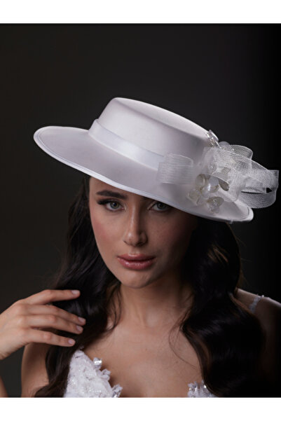 Magic Tiara Çiçek ve Tül Detaylı Beyaz Gelin, Nikah, Nişan, Özel Davet Şapkası