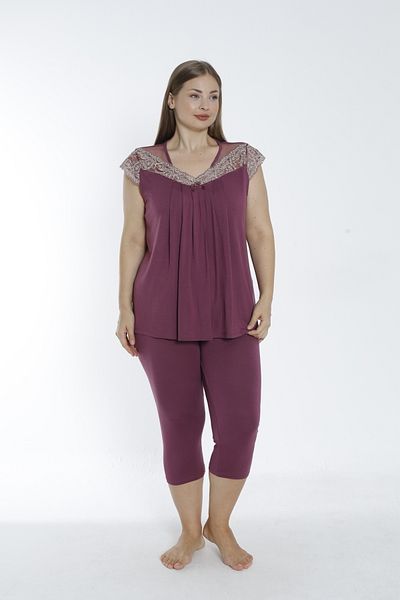 Cotpark Women's Plus Size Viscose Elastane Fabric Short Sleeve Capri Suit 14531-B