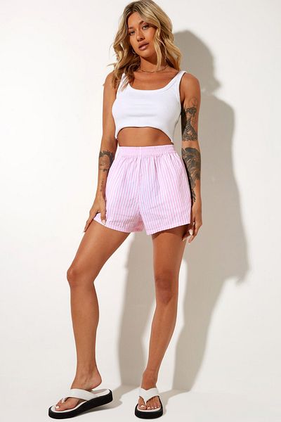 The Champ Clothing Women's Pink White Striped Mini Poplin Fabric Shorts