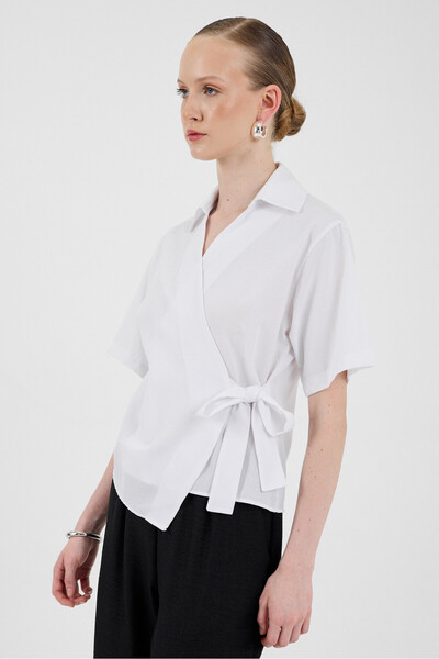 Rays White Short Sleeve Side Tie Detailed Blouse 8095A