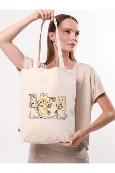 GİYSA Women's Large Size Cats Printed Canvas Shoulder Bag Beige - 2025