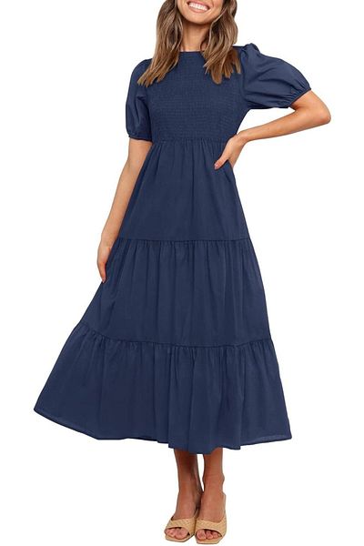 ZESICA Women's 2023 Casual Summer Crew Neck Short Puff Sleeve Smocked High Waist Ruffle Tiered A Line Midi