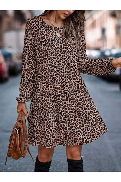modamtn Women's Long Sleeve Crew Neck Leopard Pattern Staple Fiber Fabric Dress