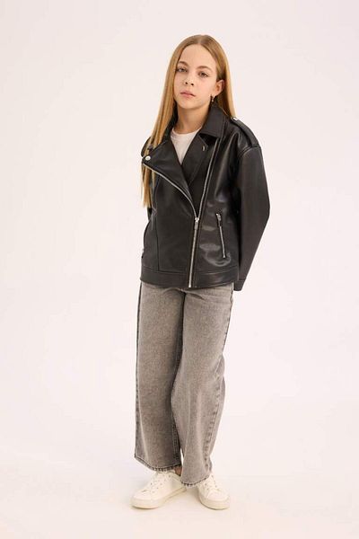 DeFacto New Season Girl's Water Repellent Zippered Faux Leather Jacket Coat