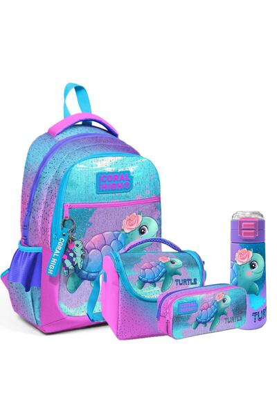 Coral High Kids Patterned 4-Piece School Bag Set (School Bag, Nutrition, Pen Holder, Water Bottle)