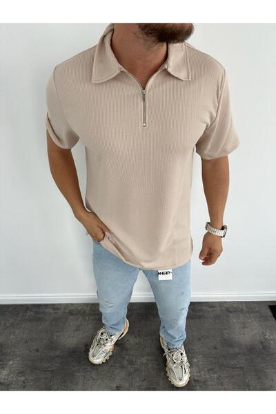 KağanKY Cream Polo Neck Zippered T-Shirt