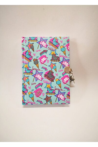 Mikro Kilitli Günlük Hatıra Defteri Çizgili Sert Kapak 80 Yaprak Renkli Paten Yıldız Simli Desenli