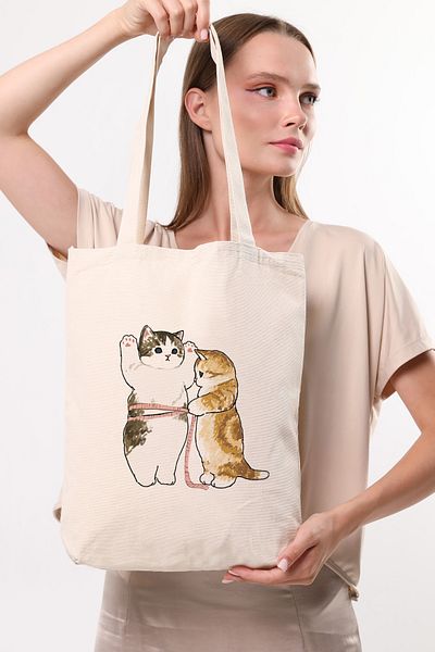 GİYSA Women's Large Size Cat Printed Canvas Shoulder Bag Stone - 2025