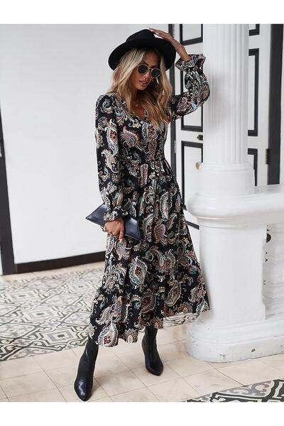 Caddebostan Moda Μακρυμάνικο φόρεμα με διπλό λαιμό, ελαστική μέση, μακρύ σχέδ...