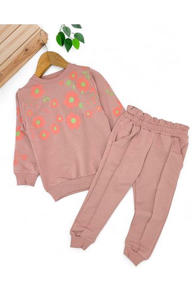 Ege Bebek Girls' Seasonal, Floral Printed Grassed Tracksuit Bottoms, 2-10 Years Old 2 Thread Tracksuit Set