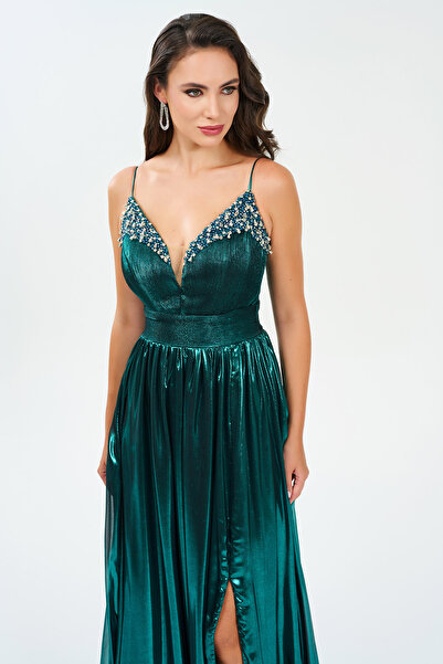 BDM Exclusive İnce Askılı Derin Yırtmaçlı Laklı Şifon Astarlı Abiye Elbise