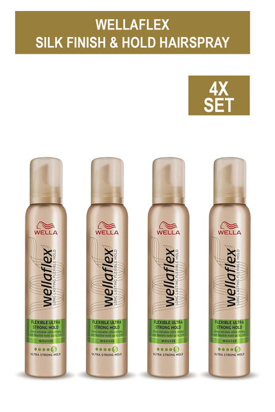 Wella Wellaflex Silk Finish Mousse – Lightweight Ultra Strong Hold, 24H Hold, Silicones Free – 200ml x4