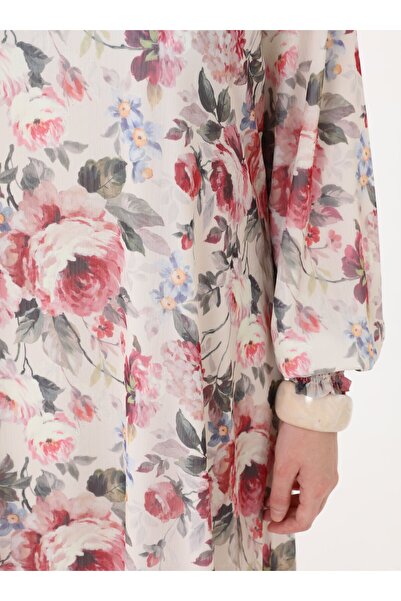 ALİA Kolağzı Gipe Detaylı Desenli Büyük Beden Elbise - Pembe Cicek Desen -