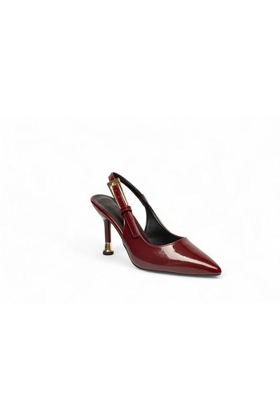 ELAIA SHOES Velora Burgundy Patent Leather Thin Heeled Gold Buckle Heeled Shoes