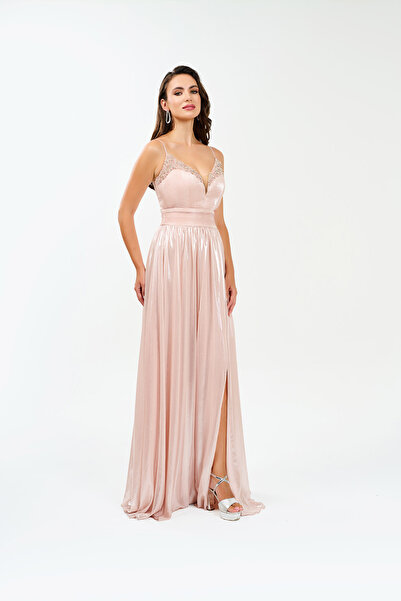 BDM Exclusive İnce Askılı Derin Yırtmaçlı Laklı Şifon Astarlı Abiye Elbise