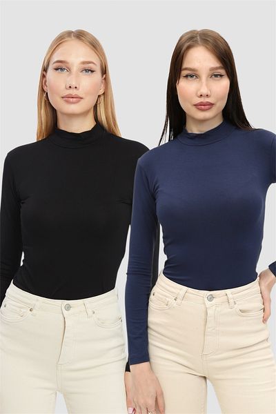 LAENT Women's Black Navy Blue Stand Collar 2-Piece Bodysuit