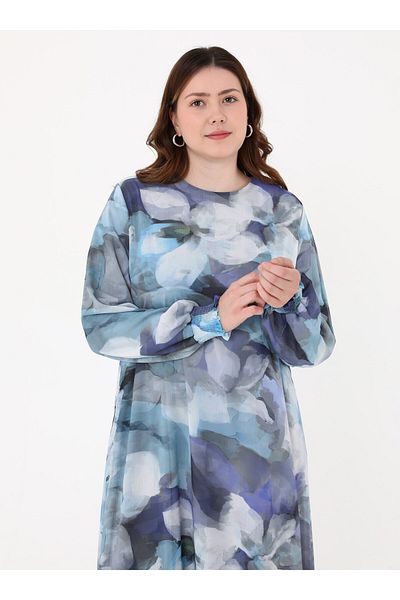 ALİA Kolağzı Gipe Detailed Patterned Plus Size Dress - Blue Abstract Pattern-