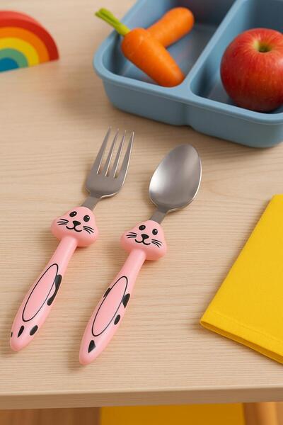 Kırmızı Beyaz Home PEMBE Tavşan Figürlü Çocuk Çatal Kaşık Seti Paslanmaz Çeli...