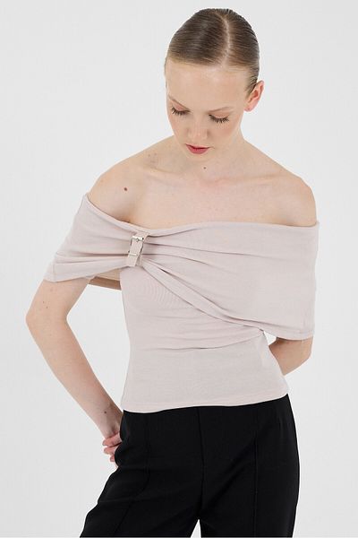 Rays Beige Viscose/Soft Fabric Madonna Collar Buckle Detailed Blouse 1475
