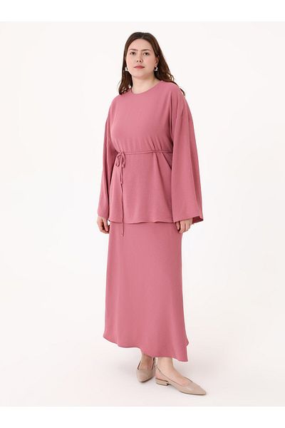 ALİA Tie Detail Skirt&Blouse Plus Size Double Set - Dark Rose -