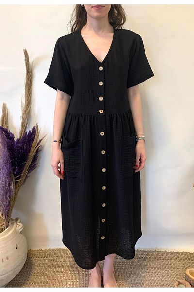 ARİNNASİDE Muslin Short Sleeve Dress with Button Detail on the Front