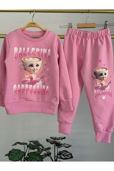LİLLYPİCCA Girl's Ballerina Cappuccino 2-Piece Set Long Sleeve Sweatshirt - Elastic Waist Combed Cotton Trousers