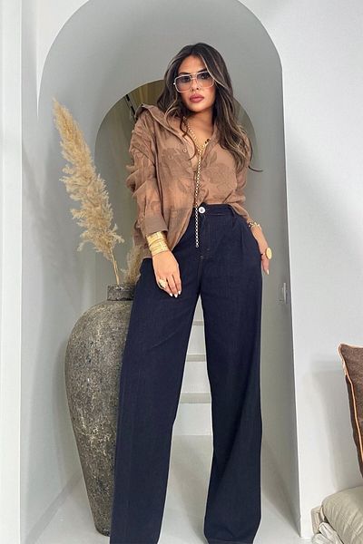 Sohotique By P Full Lycra Palazzo Jean Trousers Navy Blue