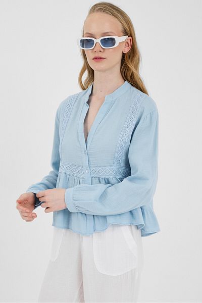 Rays Blue 100% Cotton Lace Detailed Muslin Shirt 4823A